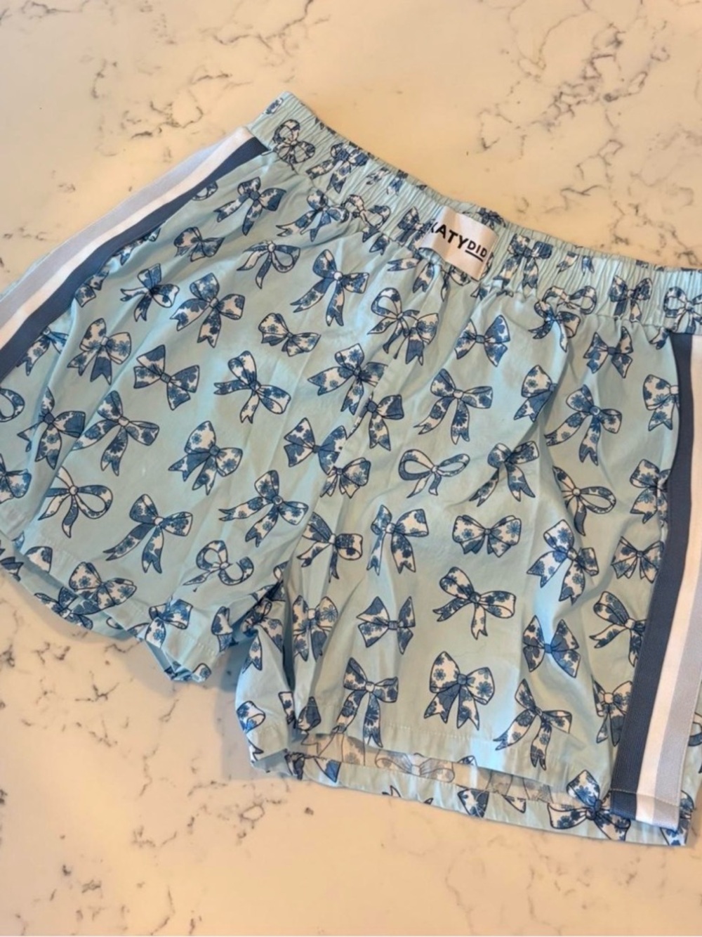 Katydid Light Blue Bow Print 100% Cotton Sleep Shorts with Navy Stripe